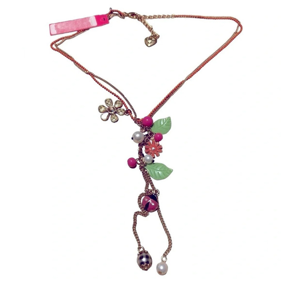 BETSEY JOHNSON Vintage Y-Drop Double-Strand Gold Beaded Charm Necklace NEW NWT - Picture 6 of 8